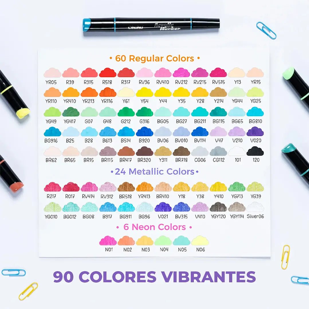 Ohuhu Kakaako: Set de 90 marcadores de acrílico doble punta colores básicos, neones y metálicos (punta fina + punta bala) - Letters by Jess Shop