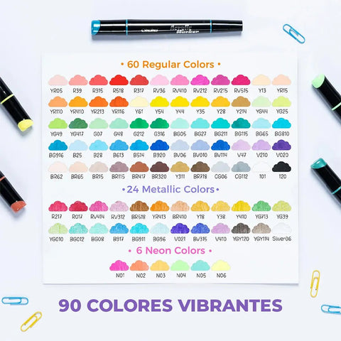Ohuhu Kakaako: Set de 90 marcadores de acrílico doble punta colores básicos, neones y metálicos (punta fina + punta bala) - Letters by Jess Shop