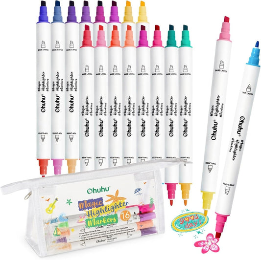 Ohuhu Magic Highlighter Markers: Set de 16 marcadores base de agua doble punta - 32 colores (Punta fina y punta biselada) - Letters by Jess Shop