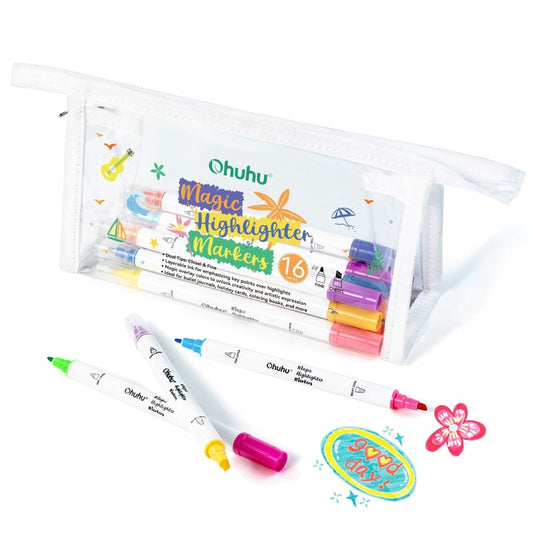 Ohuhu Magic Highlighter Markers: Set de 16 marcadores base de agua doble punta - 32 colores (Punta fina y punta biselada) - Letters by Jess Shop
