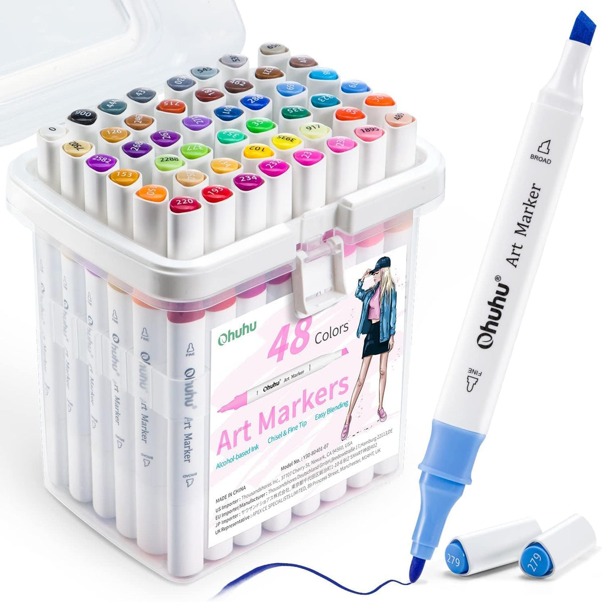Ohuhu marcador de alcohol doble punta: Punta fine & punta biselada - Set de 48 colores - Letters by Jess Shop