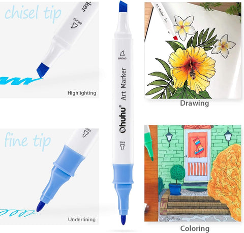 Ohuhu marcador de alcohol doble punta: Punta fine & punta biselada - Set de 48 colores - Letters by Jess Shop
