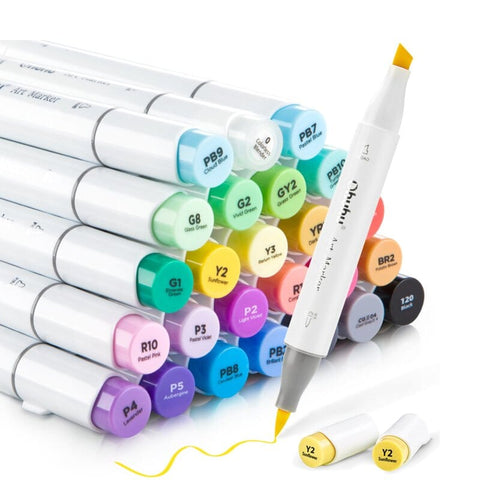 Ohuhu (New Packing) Set de 24 marcadores de alcohol en colores básicos + blender, punta brush y biselada OHUHU