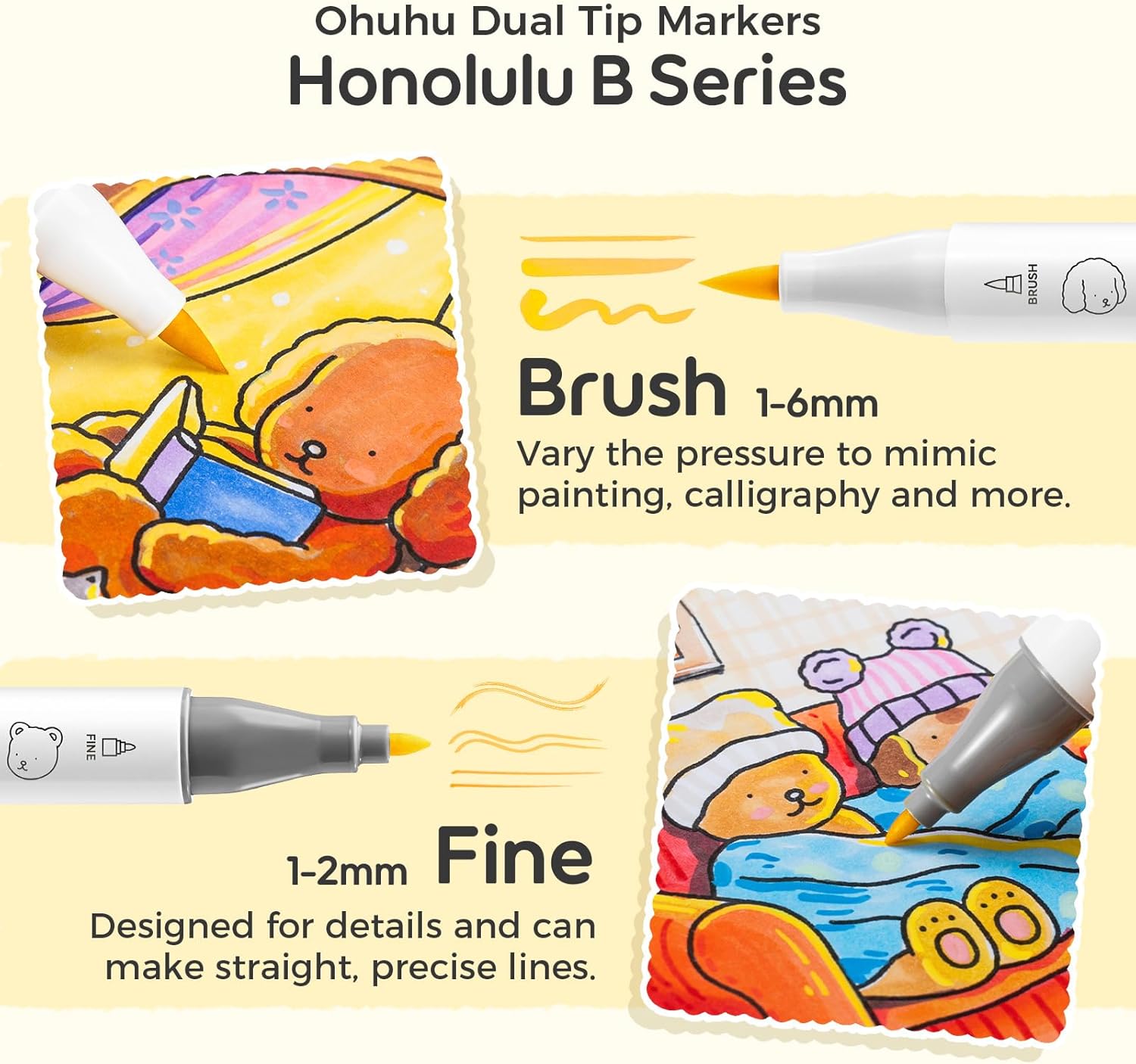 Ohuhu x Bobbie Goods Honolulu B: Set de 48 marcadores de alcohol doble punta básicos + 1 blender (Punta brush y Punta fina) EDICIÓN LIMITADA - Letters by Jess Shop