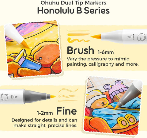 Ohuhu x Bobbie Goods Honolulu B: Set de 48 marcadores de alcohol doble punta básicos + 1 blender (Punta brush y Punta fina) EDICIÓN LIMITADA - Letters by Jess Shop