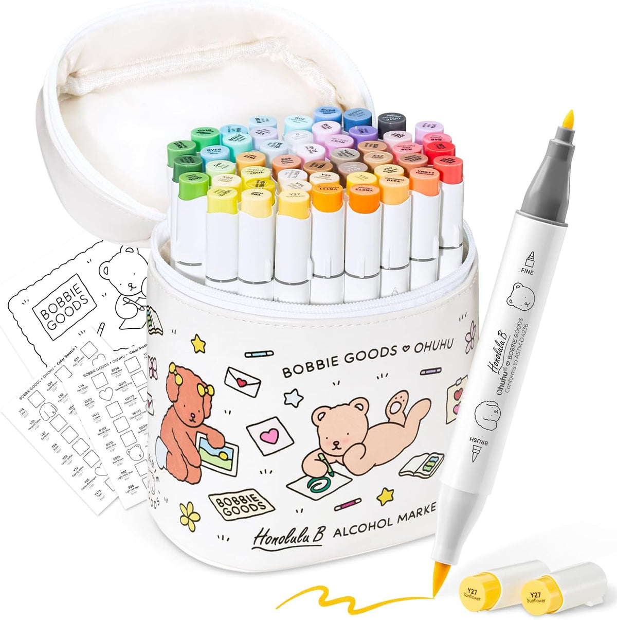 Ohuhu x Bobbie Goods Honolulu B: Set de 48 marcadores de alcohol doble punta básicos + 1 blender (Punta brush y Punta fina) EDICIÓN LIMITADA - Letters by Jess Shop