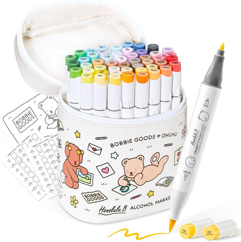 Ohuhu x Bobbie Goods Honolulu B: Set de 48 marcadores de alcohol doble punta básicos + 1 blender (Punta brush y Punta fina) EDICIÓN LIMITADA - Letters by Jess Shop