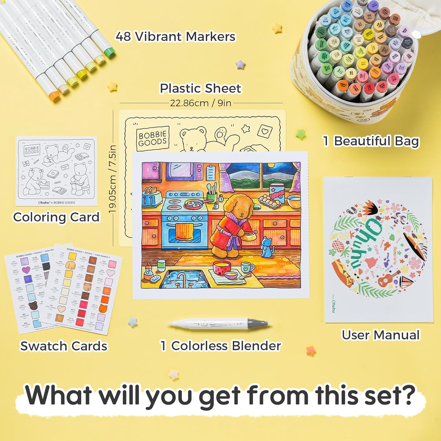 Ohuhu x Bobbie Goods Honolulu B: Set de 48 marcadores de alcohol doble punta básicos + 1 blender (Punta brush y Punta fina) EDICIÓN LIMITADA - Letters by Jess Shop