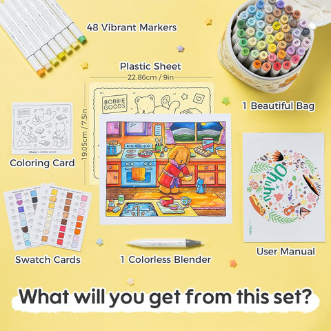 Ohuhu x Bobbie Goods Honolulu B: Set de 48 marcadores de alcohol doble punta básicos + 1 blender (Punta brush y Punta fina) EDICIÓN LIMITADA - Letters by Jess Shop