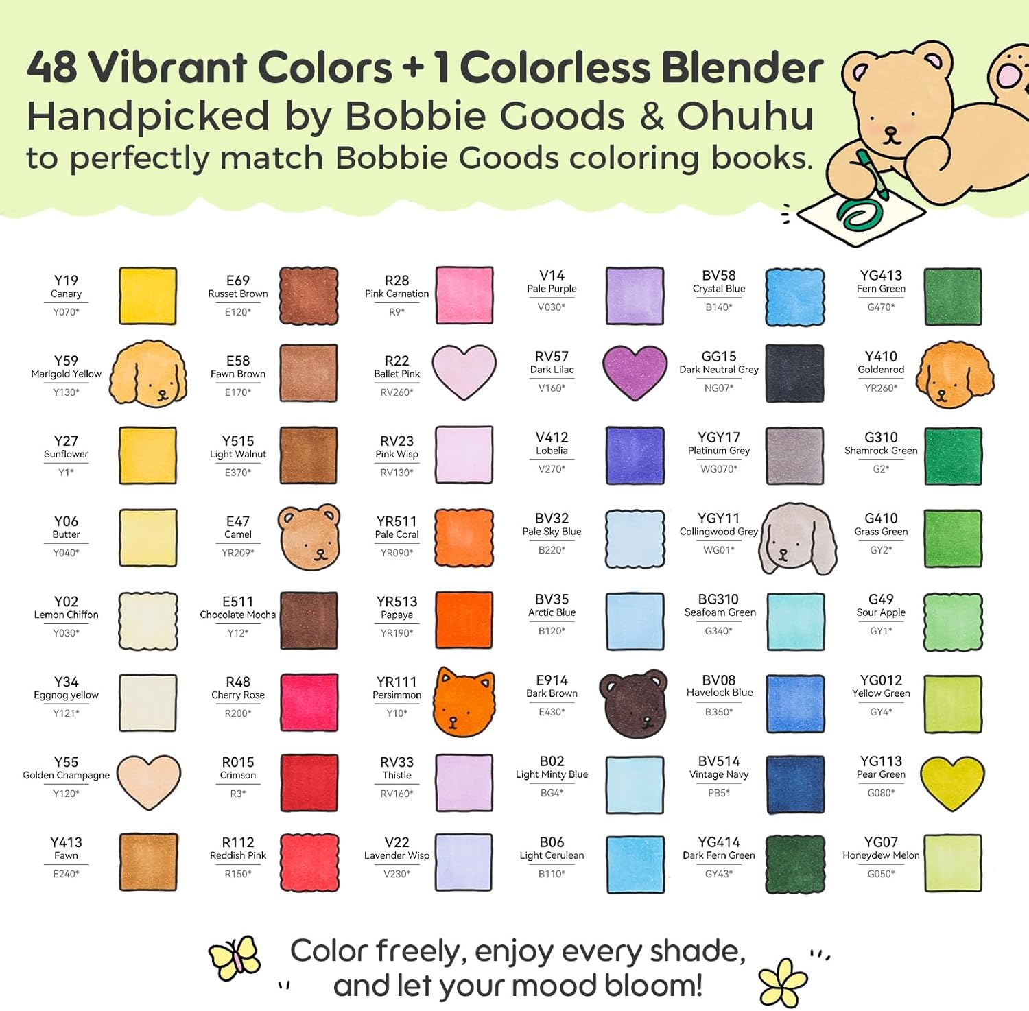 Ohuhu x Bobbie Goods Honolulu B: Set de 48 marcadores de alcohol doble punta básicos + 1 blender (Punta brush y Punta fina) EDICIÓN LIMITADA - Letters by Jess Shop